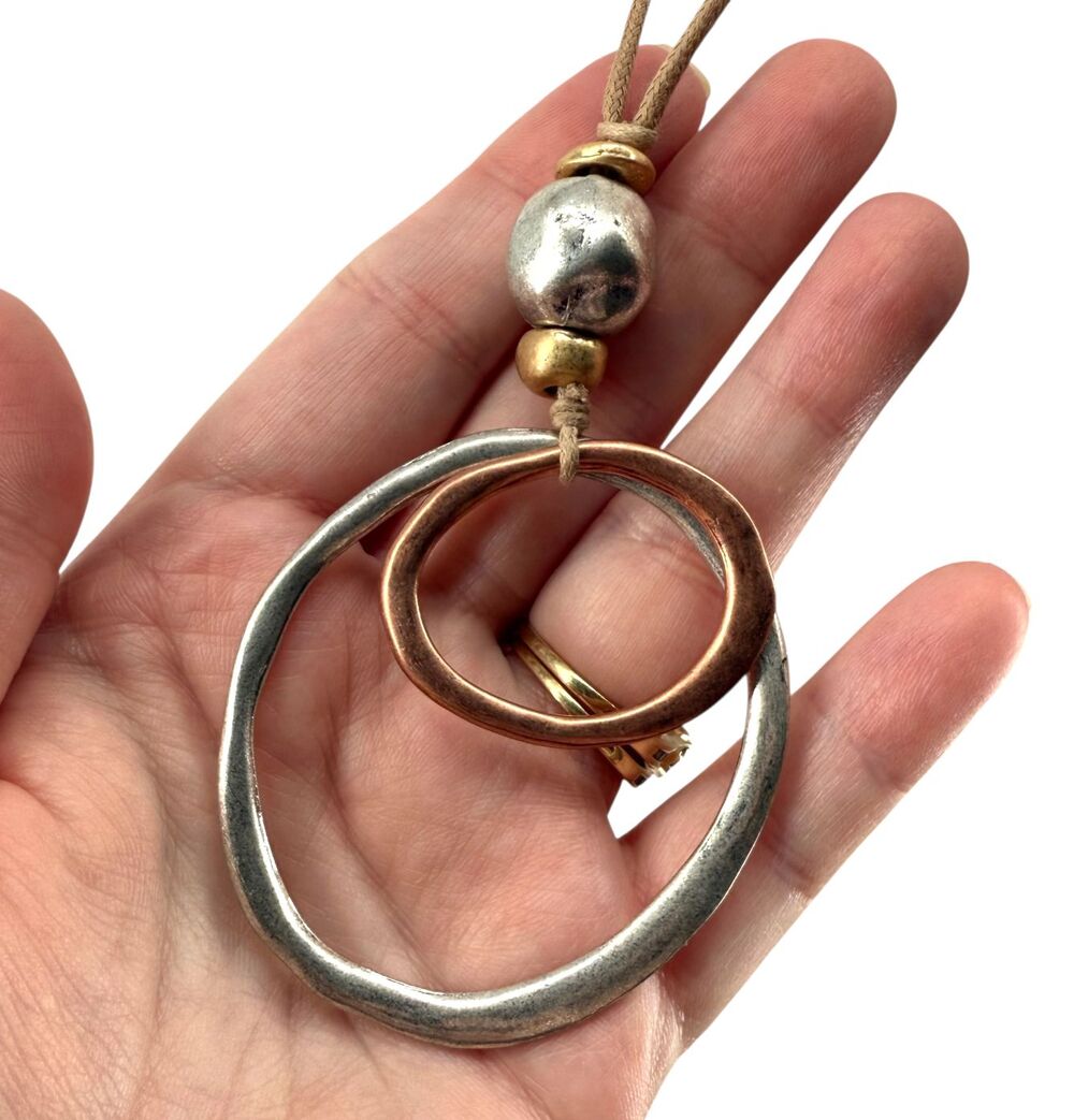 J Jill Mixed Metal Necklace Adjustable Cord Double Circle Pendant Boho Artisan - Picture 6 of 11